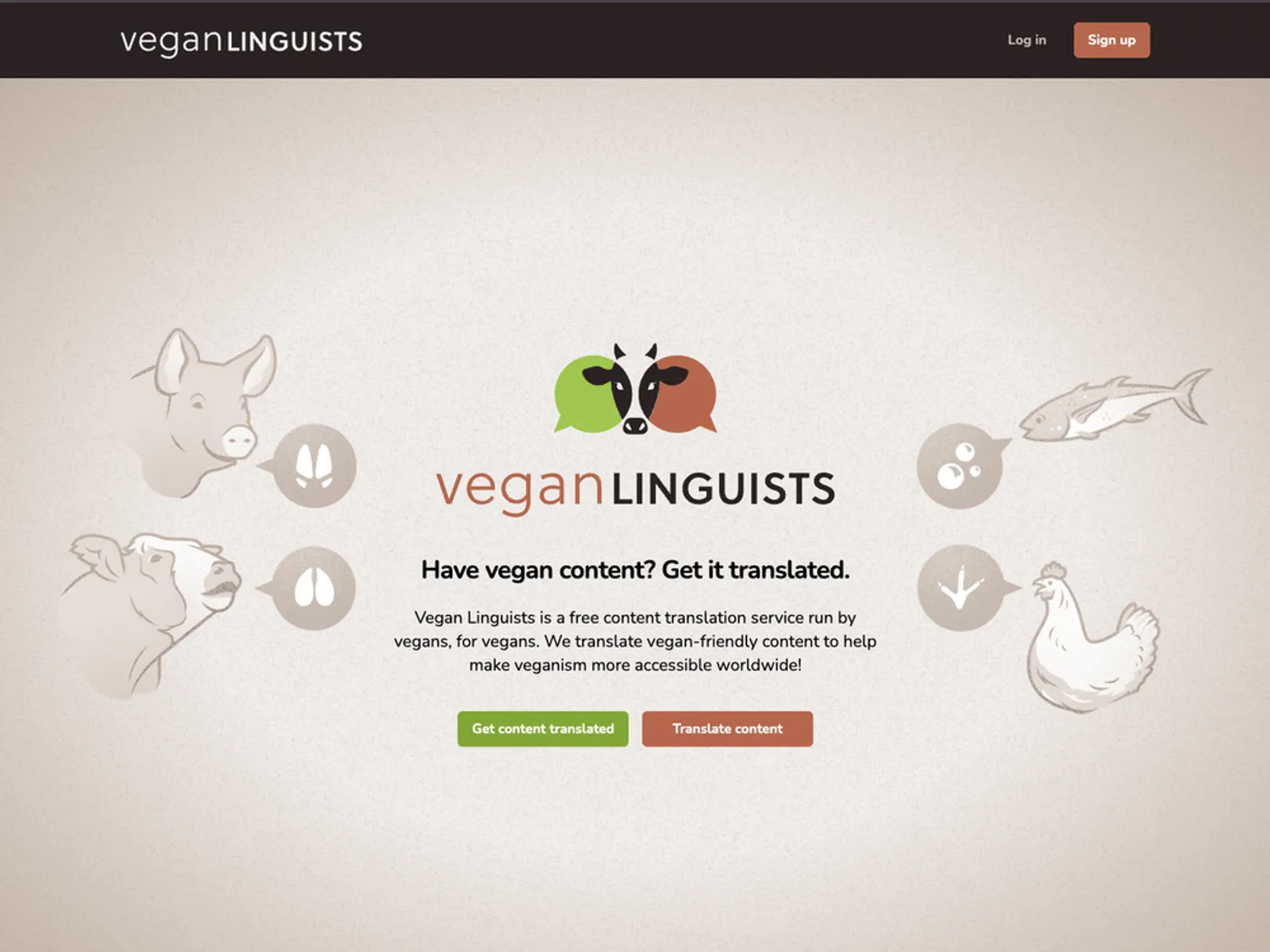 A screenshot of the Vegan Linguists home page